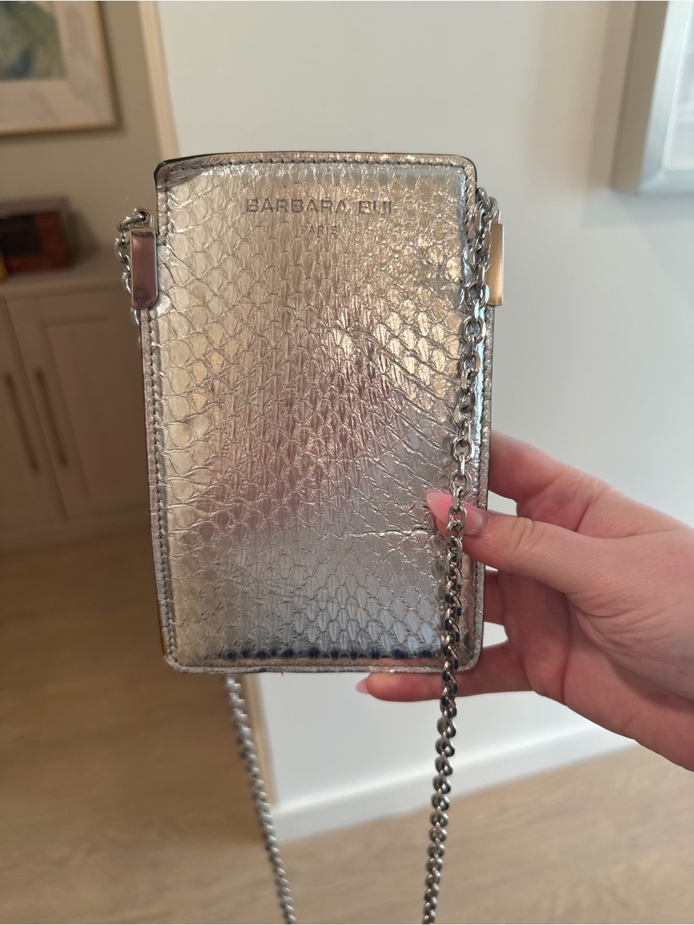 Barbara Bui Silver Textured Chain Crossbody Phone Pouch